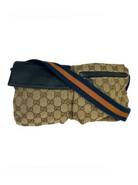 Gucci Beige GG Canvas Belt Bag with Navy & Orange Stripe Strap